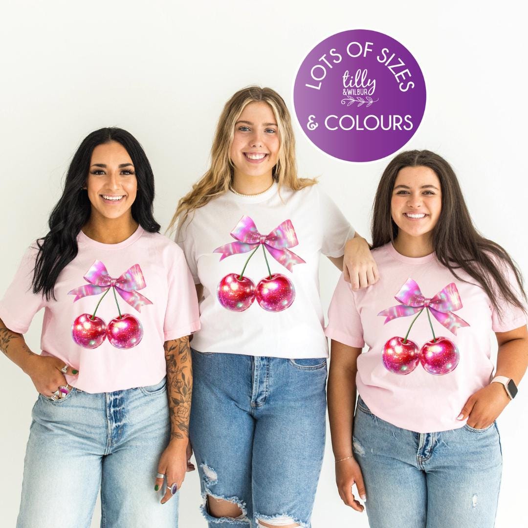 Pink Cherry T-Shirt – Pink Bow Shirt | Fashion Women&#39;s T-Shirt | Fruit Shirt | Bow Coquette | Cherries Tee