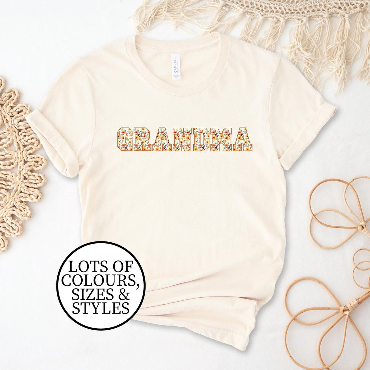 Grandma T-Shirt, Floral Grandmother Print, Grandparent Gift, Matching Family T-Shirts, Grandchild Gift, Grandmother Outfit, Grandma Gift