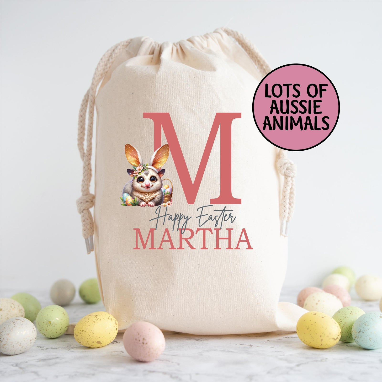 Personalised Easter Sack, Australian Animal Alphabet Egg Hunt Bag, 50cm x 70cm, High Quality Cotton Linen, Easter Gift Bag, Easter Keepsake