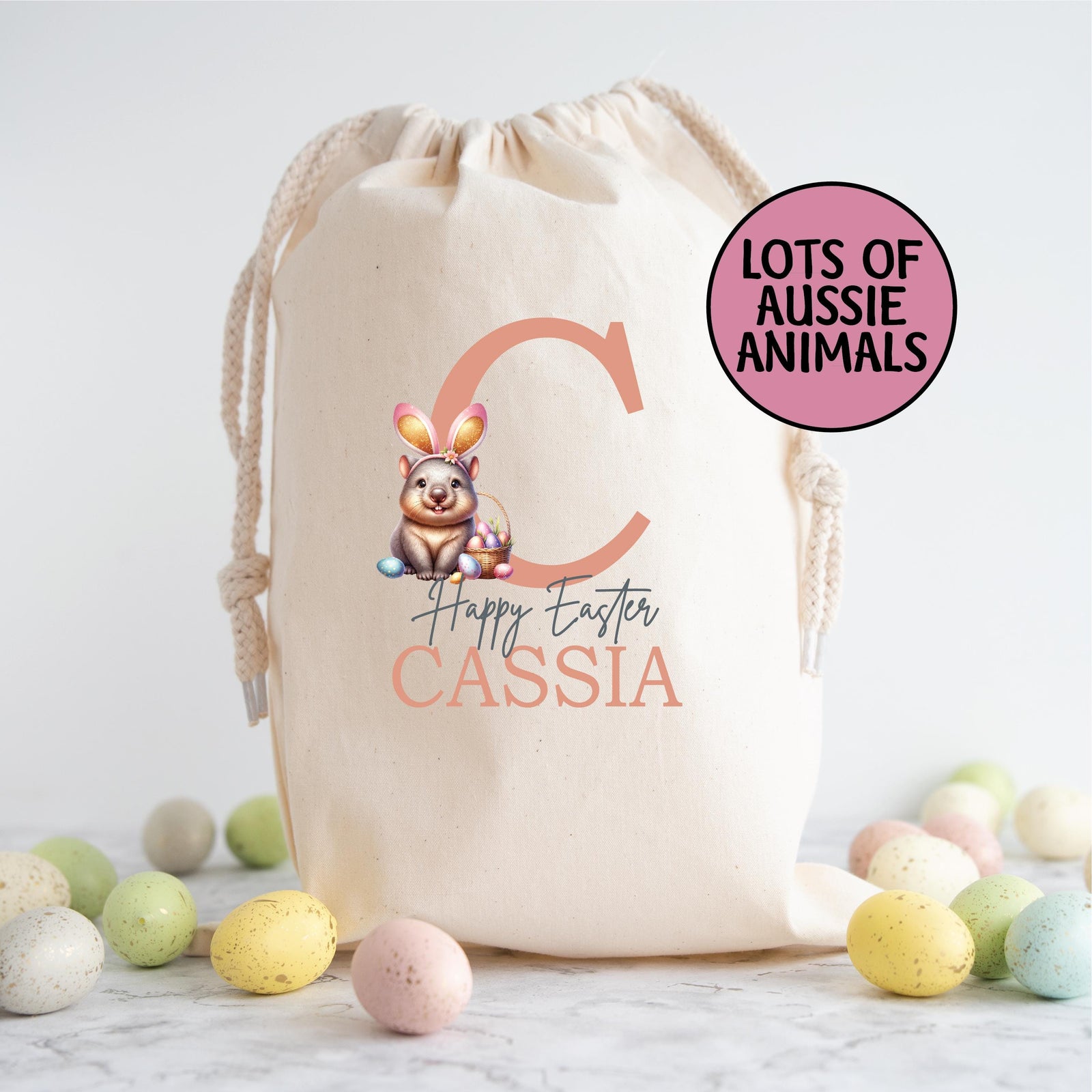 Personalised Easter Sack, Australian Animal Alphabet Egg Hunt Bag, 50cm x 70cm, High Quality Cotton Linen, Easter Gift Bag, Easter Keepsake