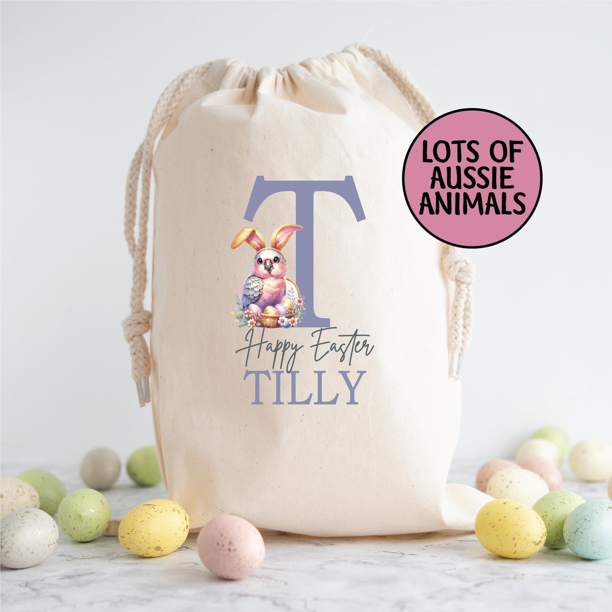 Personalised Easter Sack, Australian Animal Alphabet Egg Hunt Bag, 50cm x 70cm, High Quality Cotton Linen, Easter Gift Bag, Easter Keepsake