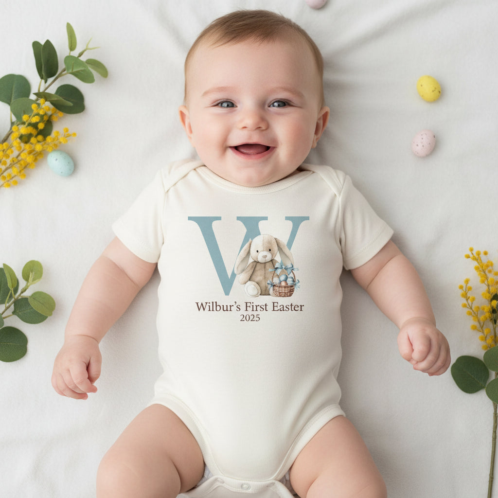 Personalised First Easter 2026 Baby Outfit | Bunny Initial Baby Shirt | Custom Name Baby Bodysuit | First Easter Baby Gift