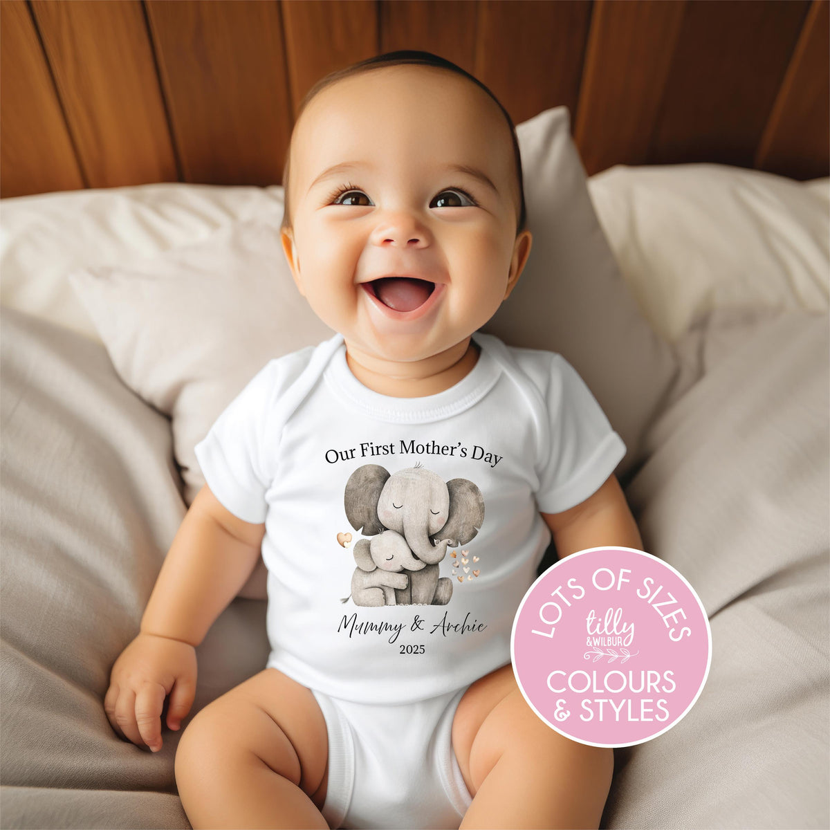 Personalised Our First Mother&#39;s Day Bodysuit, 1st Mother&#39;s Day Baby Gift, Elephant Mother And Calf, Custom First Mother&#39;s Day Baby Outfit
