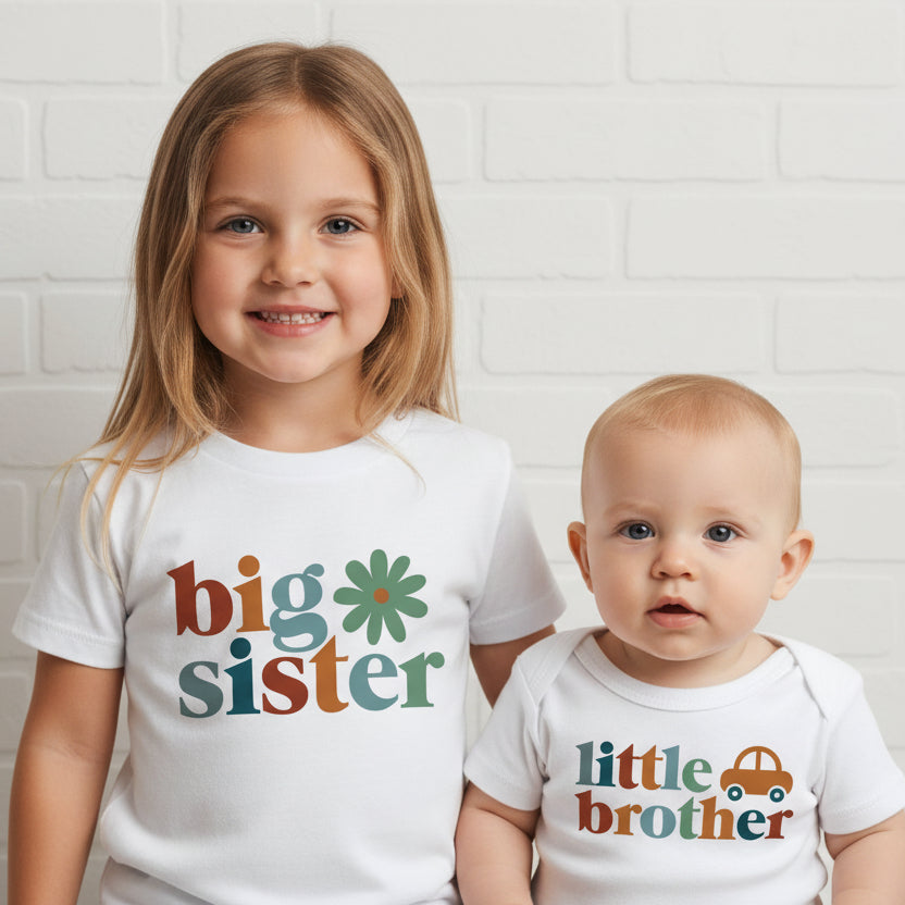 Big Sister And Little Brother Set With Flower And Car Designs – Matching Sibling Shirts | Big Brother Little Sister Shirts | Sibling Gifts