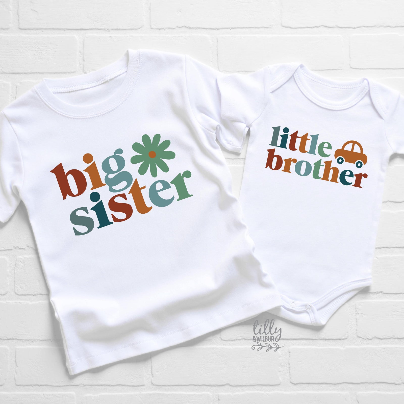 Big Sister And Little Brother Set With Flower And Car Designs – Matching Sibling Shirts | Big Brother Little Sister Shirts | Sibling Gifts