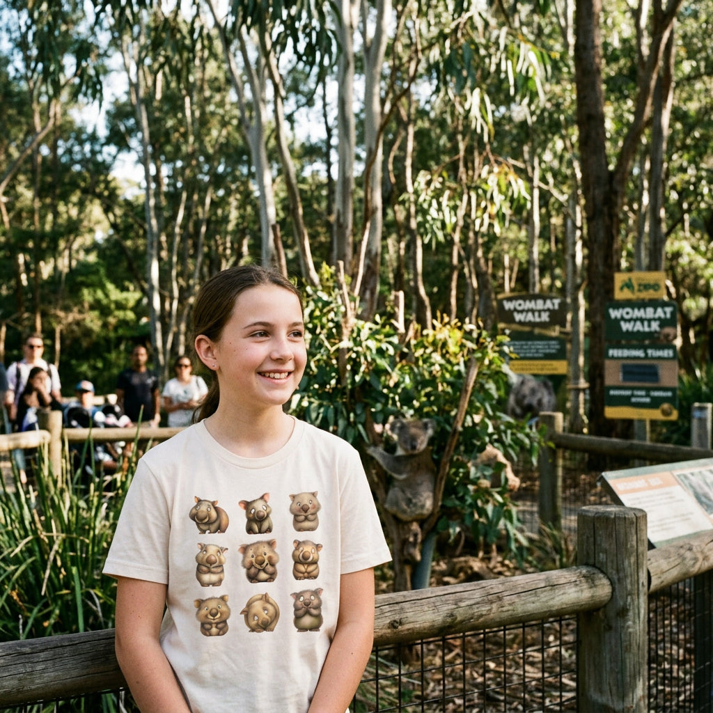 Natural coloured t-shirt with a grid of nine cute illustrated wombats in different poses.
