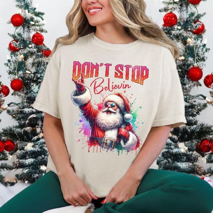 Don’t Stop Believin’ Santa T-Shirt, Multiple Sizes &amp; Colours, Funny Christmas Tee, Retro Santa Shirt, Holiday Gift for Everyone, Music Lover