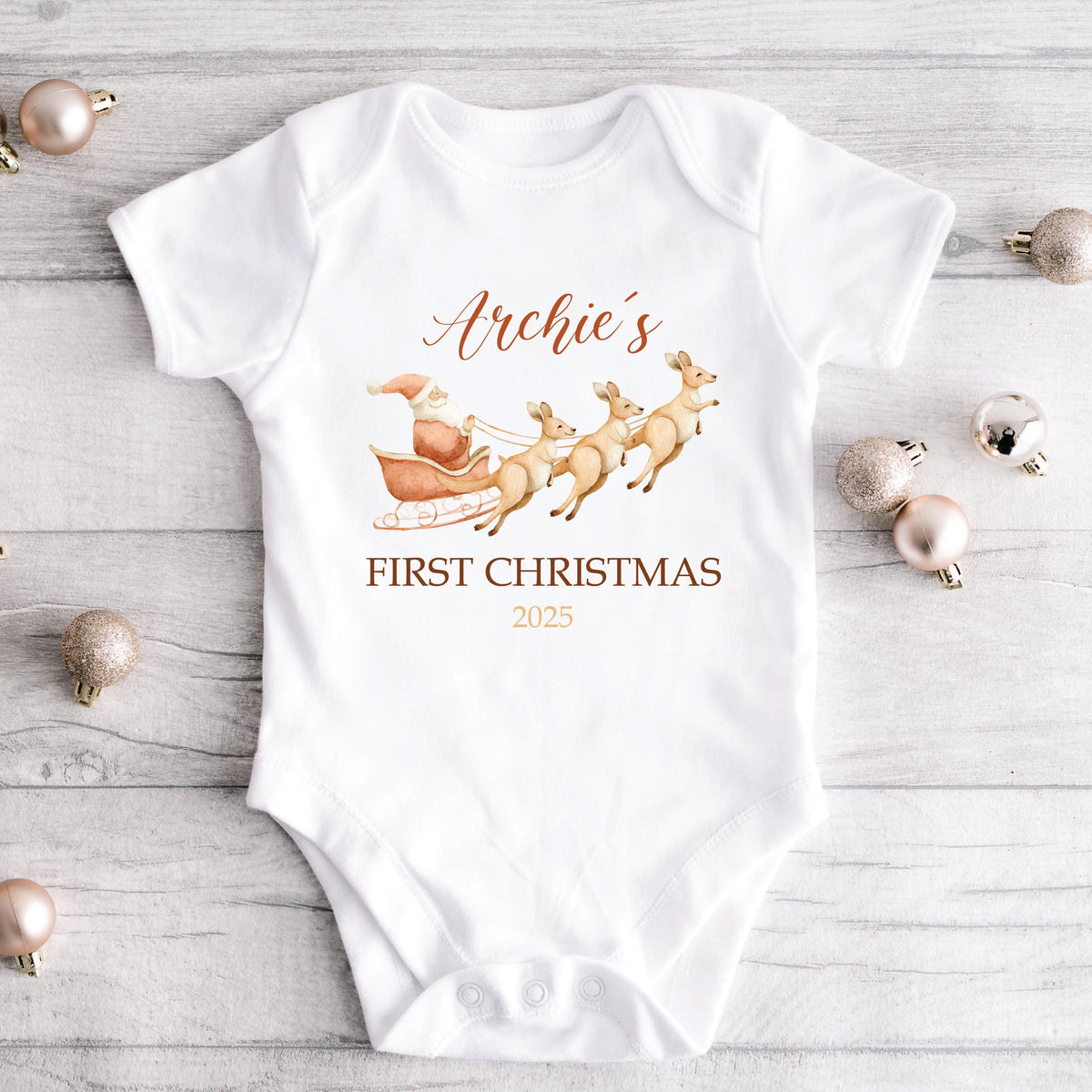 Personalised My 1st Christmas Bodysuit, Santa&#39;s Sleigh &amp; Kangaroos, First Xmas Baby Bodysuit, Australian Christmas, Baby&#39;s First Christmas