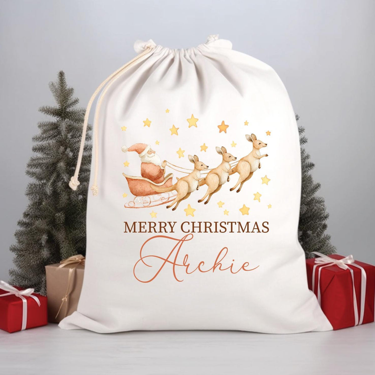 Personalised Santa Sack, Kangaroo Reindeer, 50cm x 70cm, High Quality Cotton Linen, Christmas Gift Bag, Christmas Keepsake, Xmas Stocking