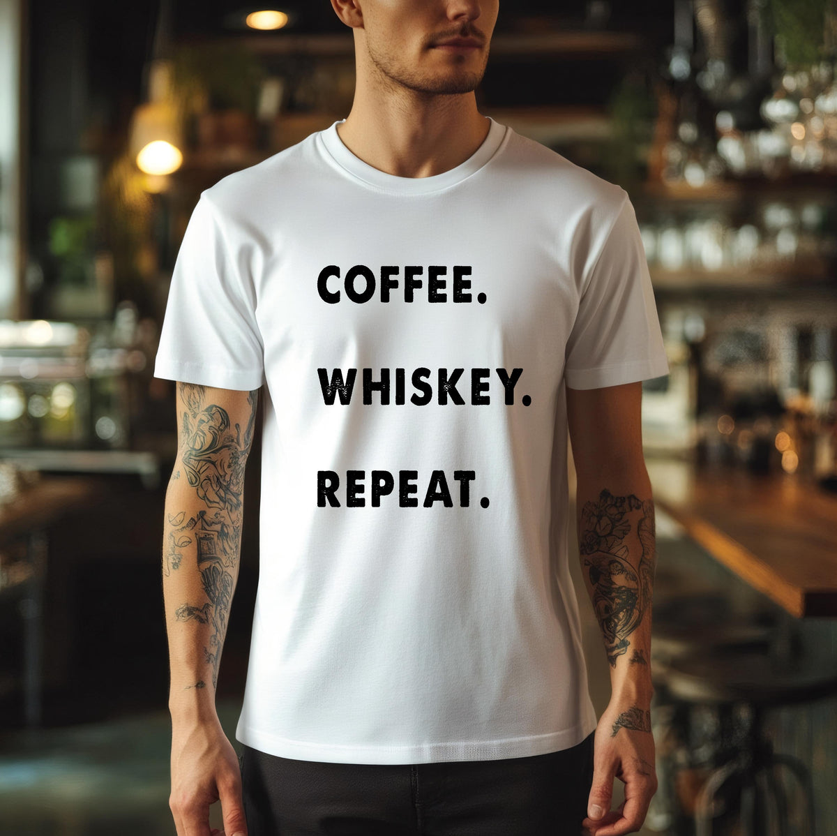 Coffee. Whiskey. Repeat. T-Shirt – Funny Adult Tee, Whiskey Lover Gift, Coffee Addict Shirt, Casual Unisex Top, Multiple Sizes &amp; Colours