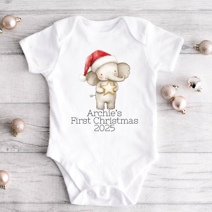 Personalised Baby’s First Christmas Bodysuit Or T-Shirt, Baby Elephant Animal Design, Custom Name Baby Grow, Newborn 1st Christmas Outfit
