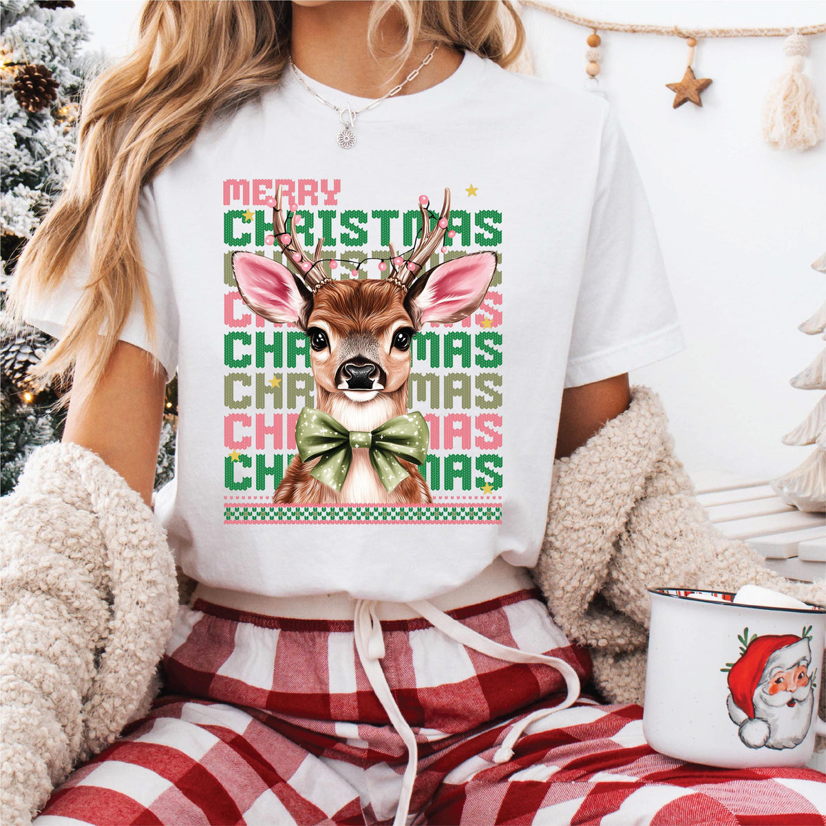 Cute Deer Christmas T-Shirt, All Sizes, Knitted Print Sweater Style