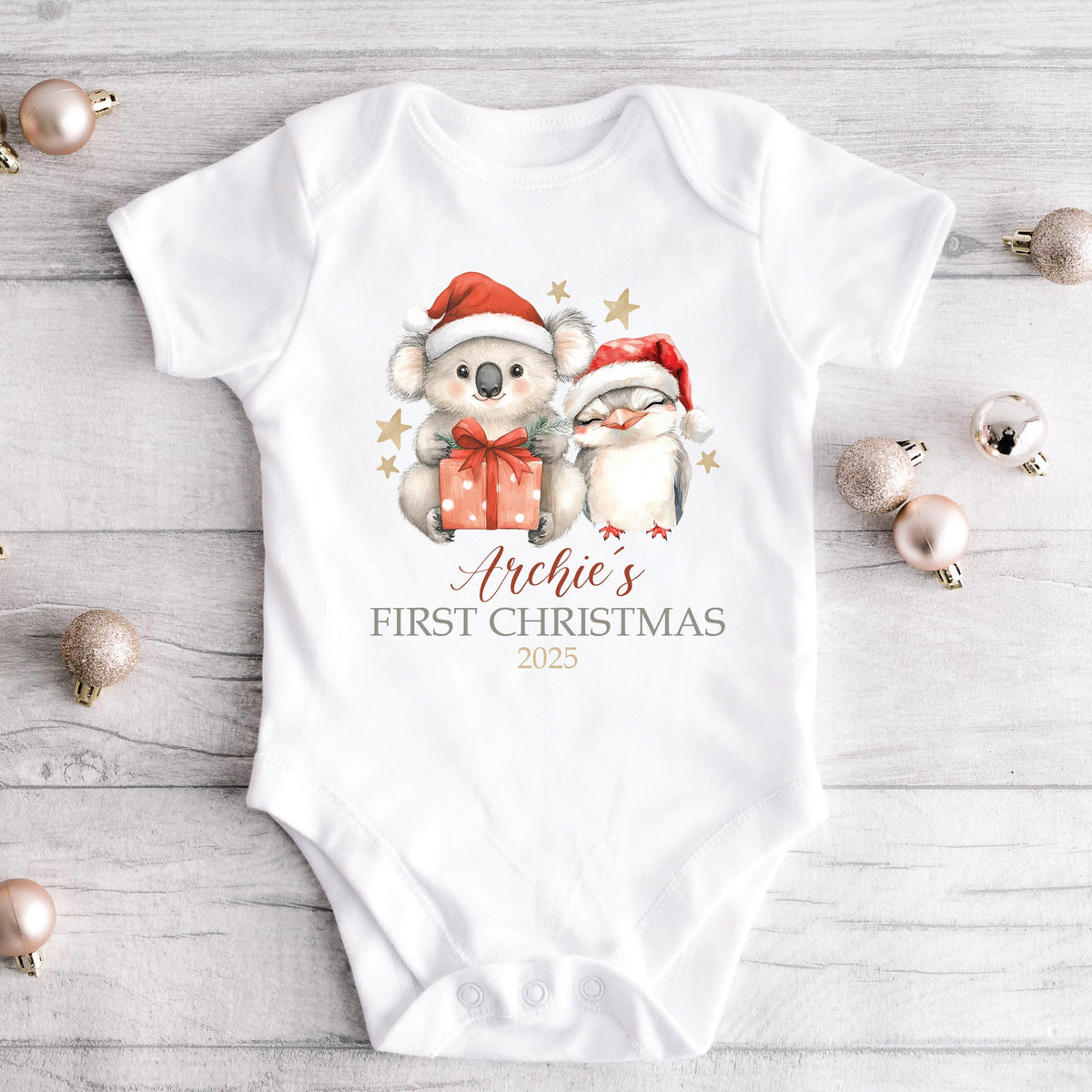 Personalised First Christmas Baby Bodysuit | Koala and Kookaburra Design | Australian Animals 1st Christmas Bodysuit | Xmas Baby Keepsake