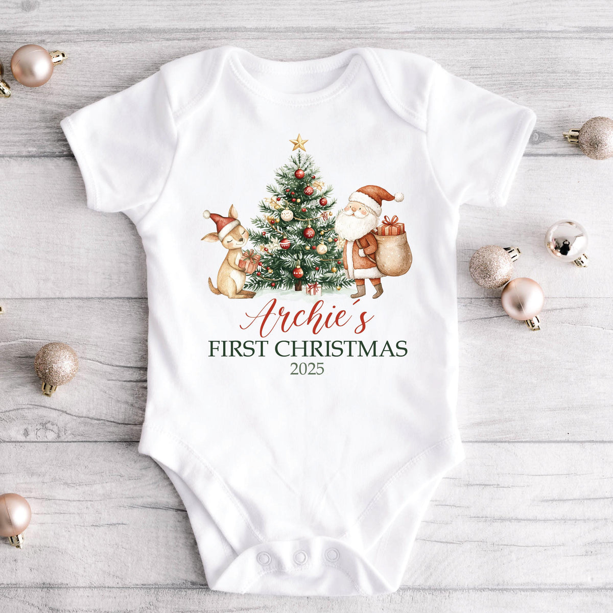 Personalised 1st Christmas Outfit With Baby&#39;s Name, First Xmas Baby Bodysuit, Unisex Baby Clothes, Personalised New Baby&#39;s First Christmas