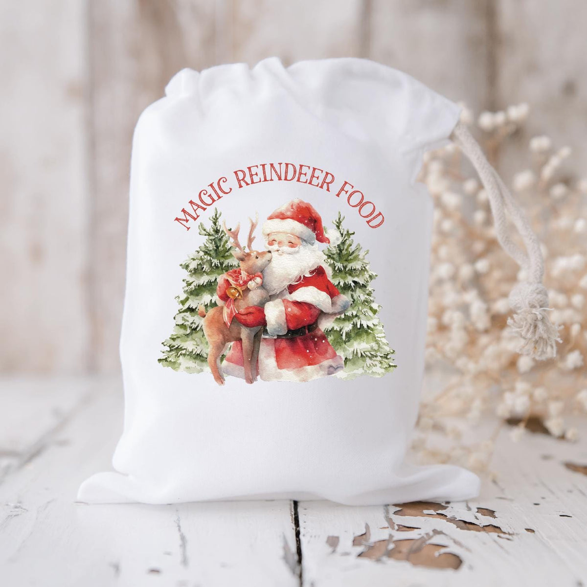 Magic Reindeer Food Bag with Santa and Reindeer | Christmas Eve Tradition | Reusable Drawstring Sack | 3 Sizes | Kids Christmas Magic