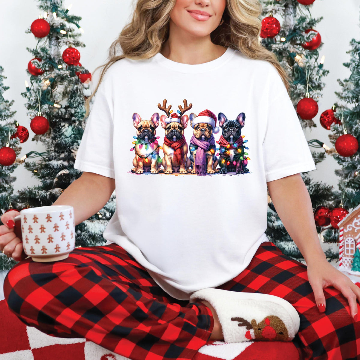 Christmas French Bulldog T-Shirt, Cute Festive Frenchie Dog Lover Tee