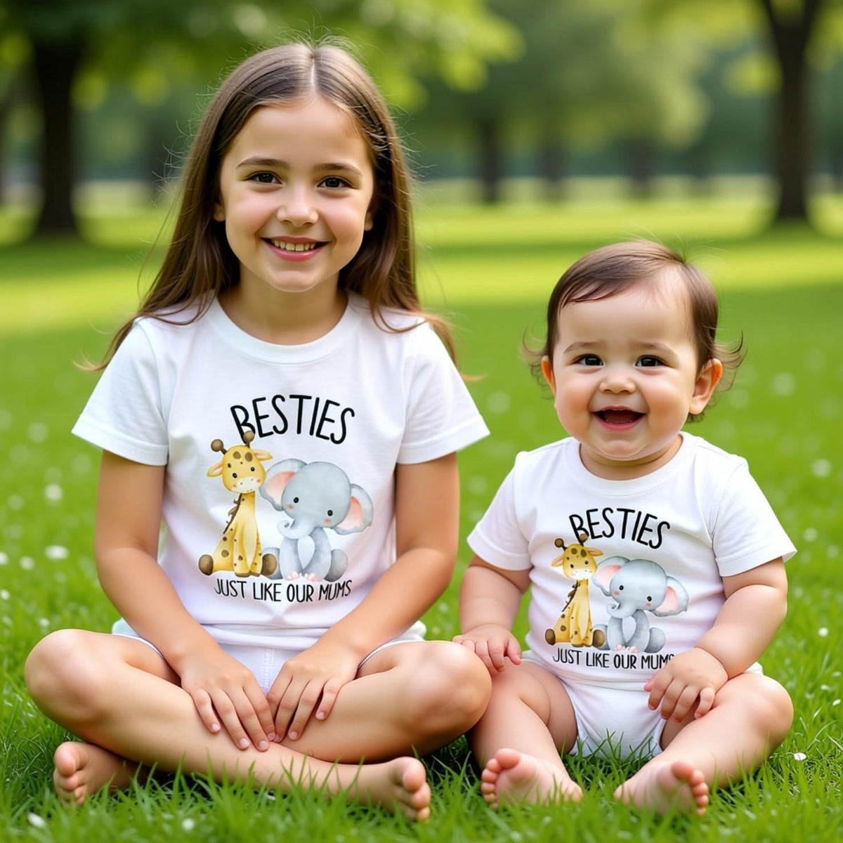 Two young girls sitting on the grass, wearing matching white t-shirts with a giraffe and elephant design and the text &amp;quot;Besties Just like our Mums&amp;quot;.