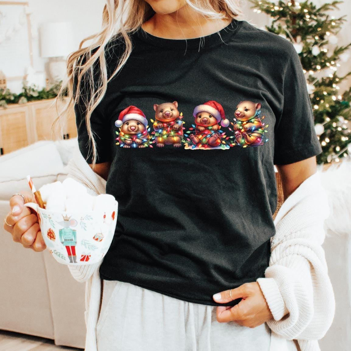 Christmas Wombat Shirt, Aussie Xmas Animal Tee, Festive Wombat Lights T-Shirt, Matching Family, Australiana Theme