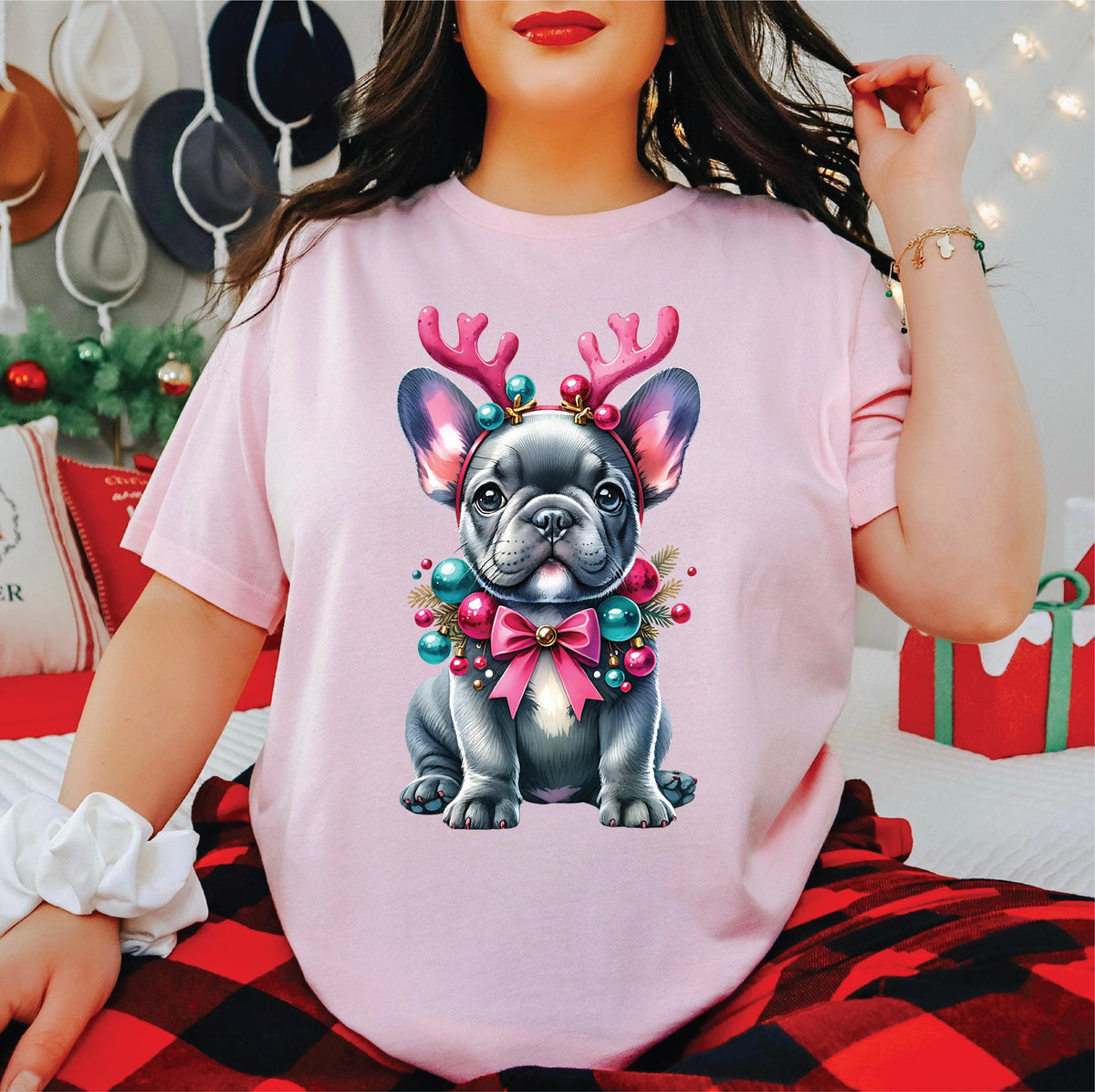 French Bulldog Christmas T-Shirt, All Sizes, Cute Frenchie Reindeer Antlers, Festive Dog Lover Tee