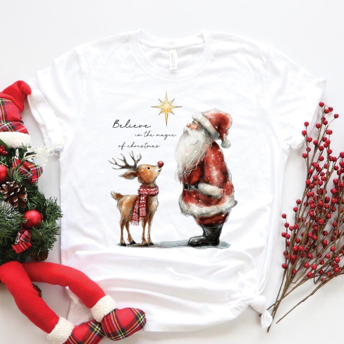 Believe In The Magic Of Christmas T-Shirt, Santa And Reindeer Xmas Tee