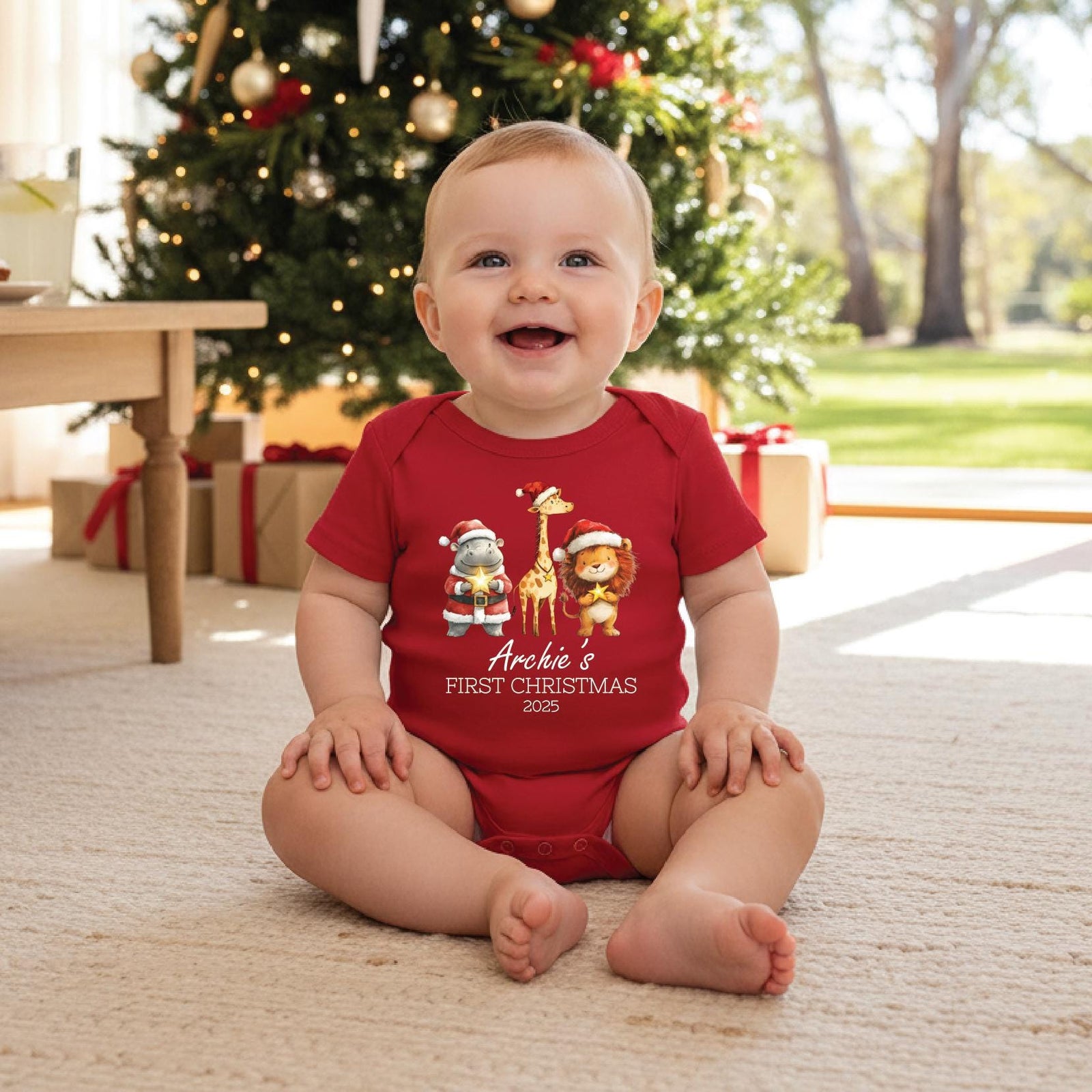 Personalised First Christmas Bodysuit, Baby Safari Animals Design, Newborn 1st Christmas Outfit