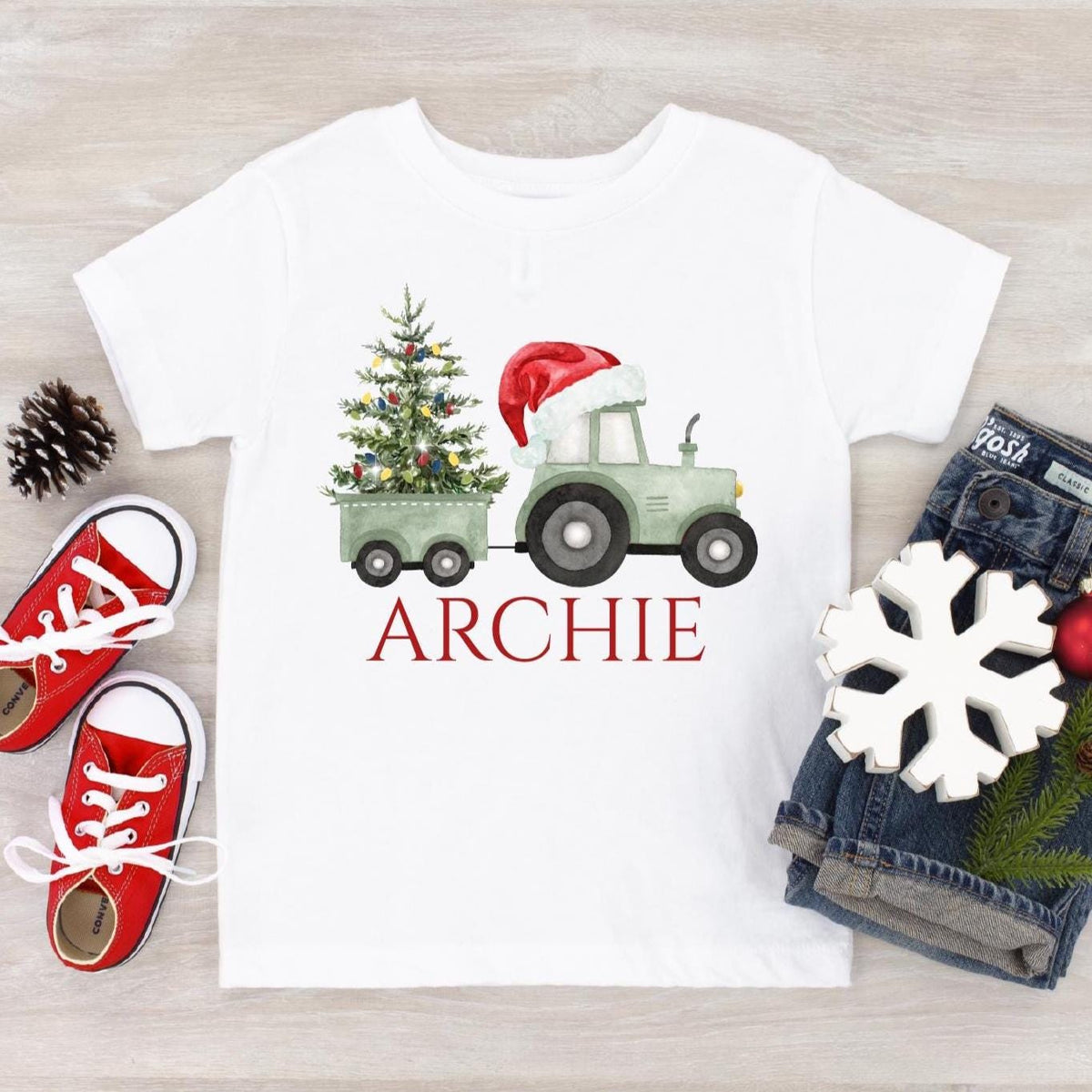 Personalised Christmas Tractor T-Shirt, Christmas On The Farm, Santa's Tree Trailer