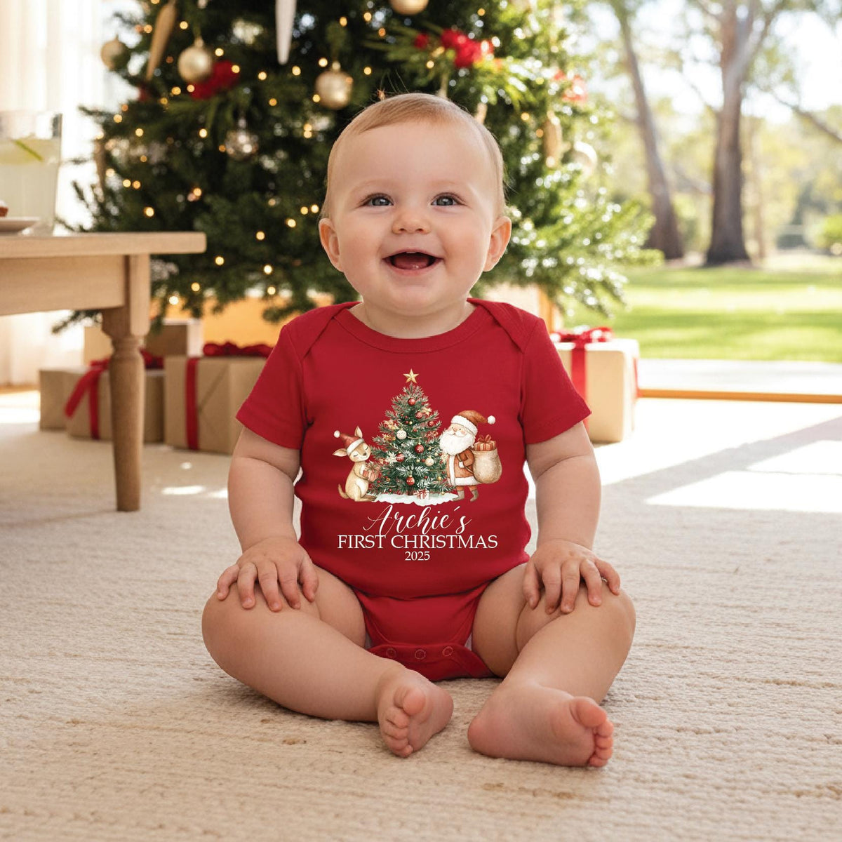 Baby's First Christmas Bodysuit - Personalised Santa and Kangaroo Design