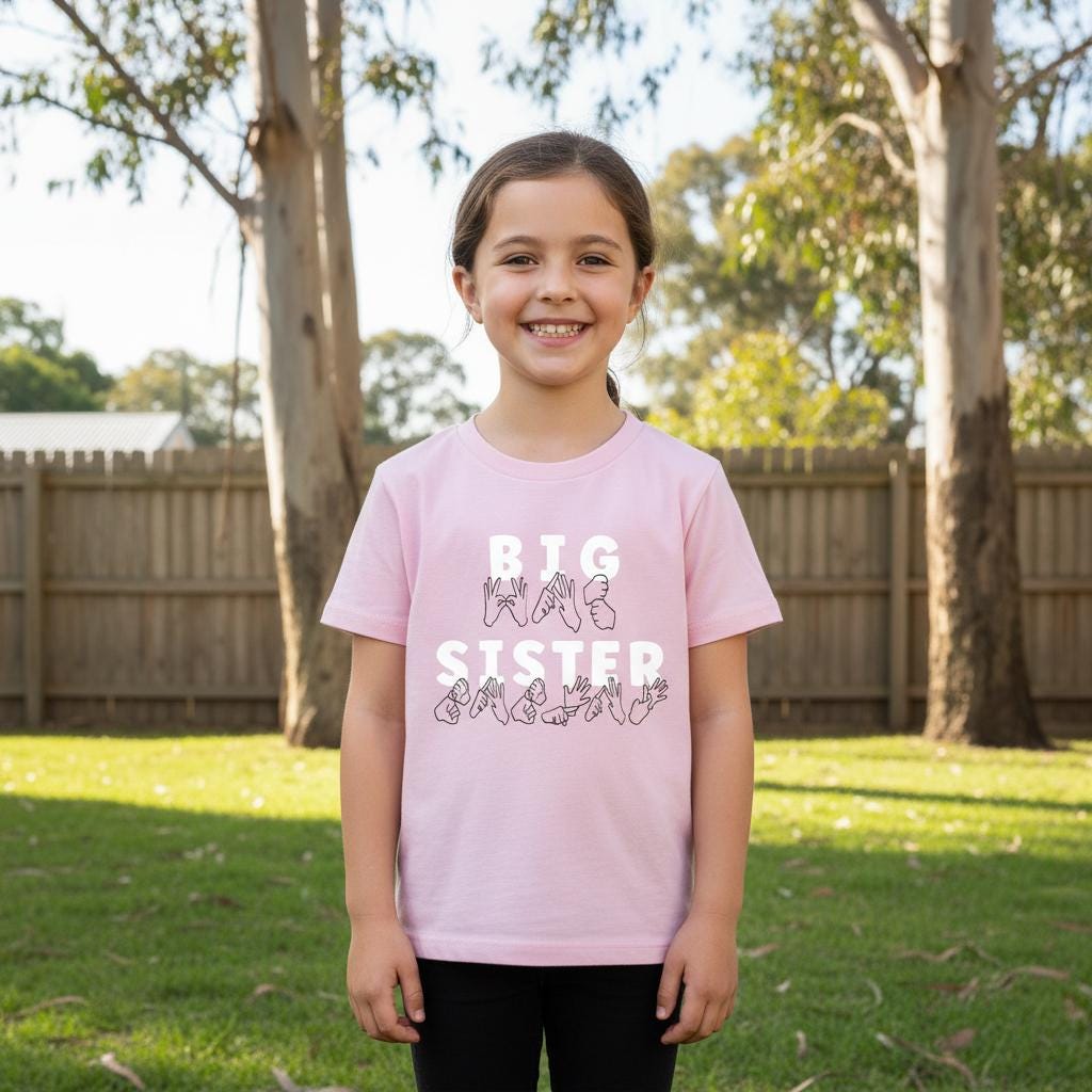 Auslan Big Sister T-Shirt | More Colours | Sign Language Sibling Tee | ASL Inspired Pregnancy Announcement