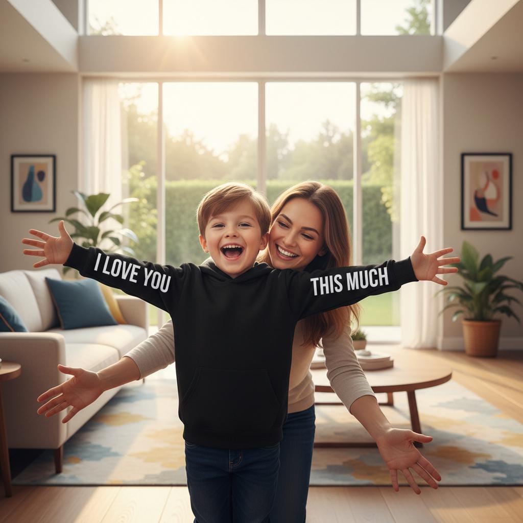 Kids hoodie with I love you this much sleeve print design worn with arms stretched wide matching mum and child outfit