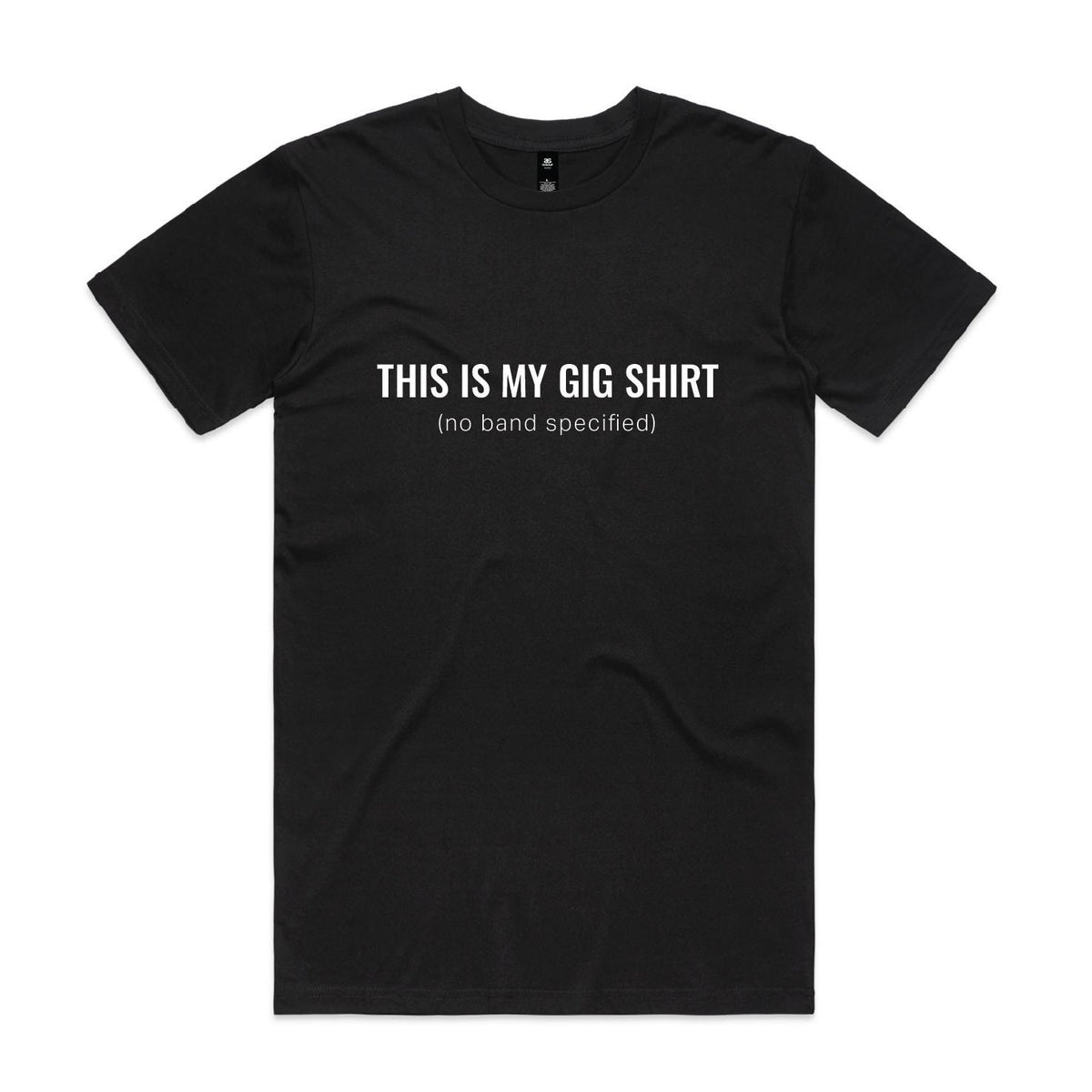 Person wearing a black t-shirt with 'This is my gig shirt (no band specified)' text at a concert.