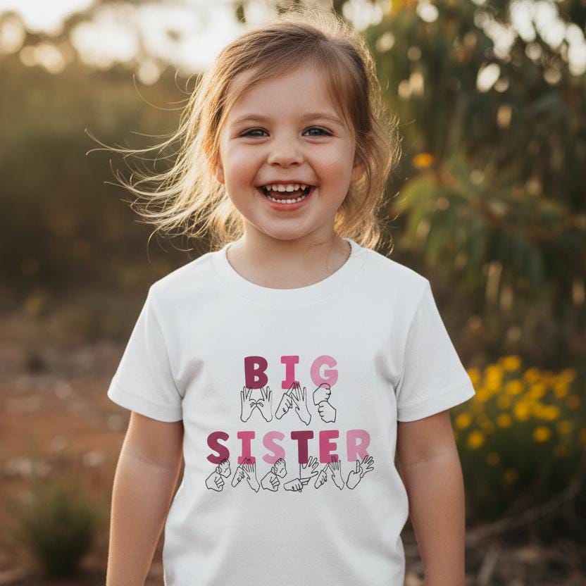 Auslan Big Sister T-Shirt | More Colours | Sign Language Sibling Tee | ASL Inspired Pregnancy Announcement