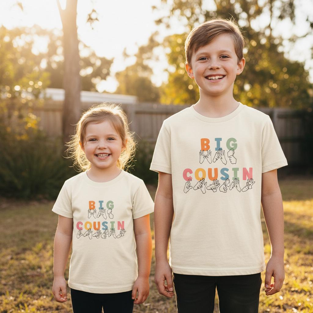 Auslan Big Cousin T-Shirt | More Colours | Sign Language Sibling Tee | ASL Inspired Pregnancy Announcement