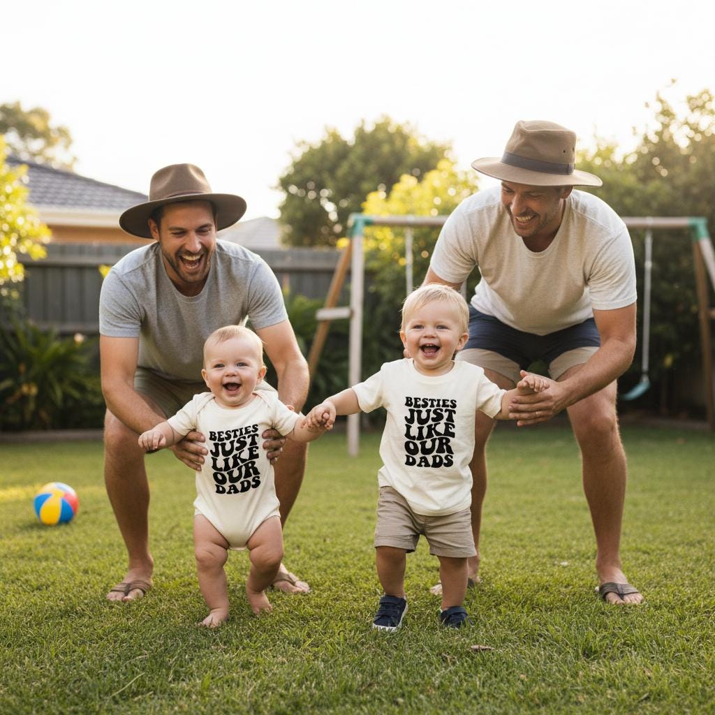 Two children in matching cream outfits reading Besties Just Like Our Dads, playing in a backyard with their dads.