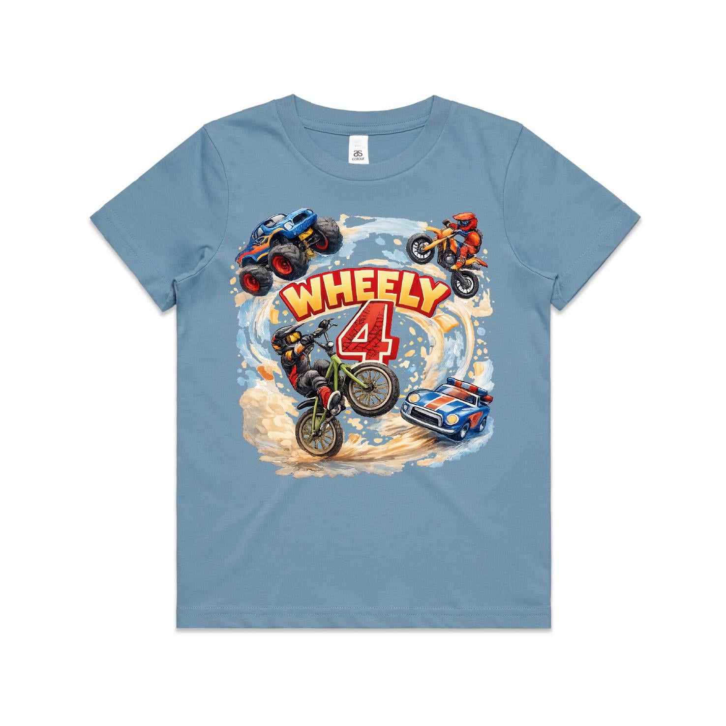 Wheely 4 Birthday Shirt | More Colours | 4th Birthday Car Shirt | Monster Truck Dirt Bike Party | Race Car Birthday | Vehicle Theme Shirt
