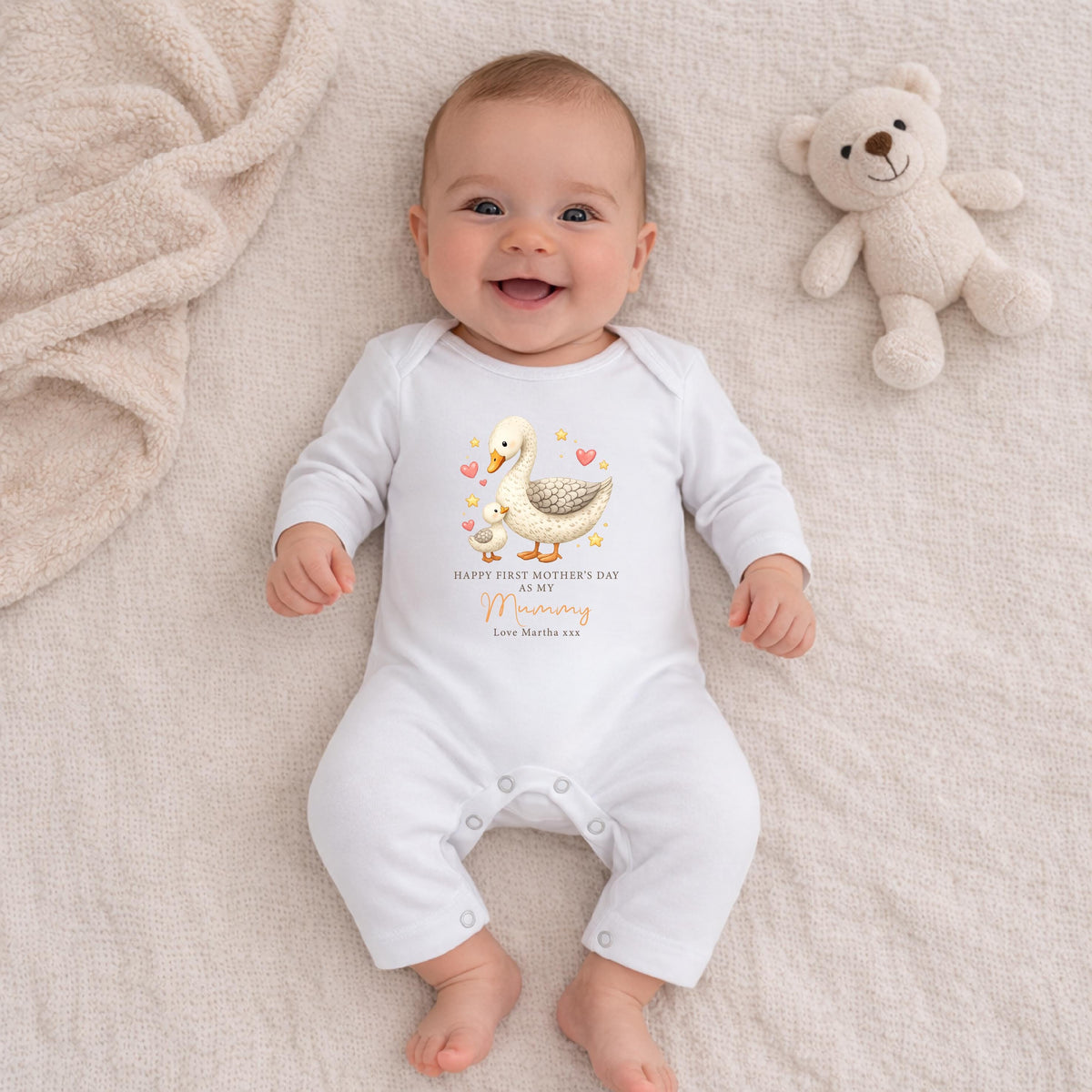 Personalised first Mother’s Day baby bodysuit with goose mum and baby design and custom name gift for new mum