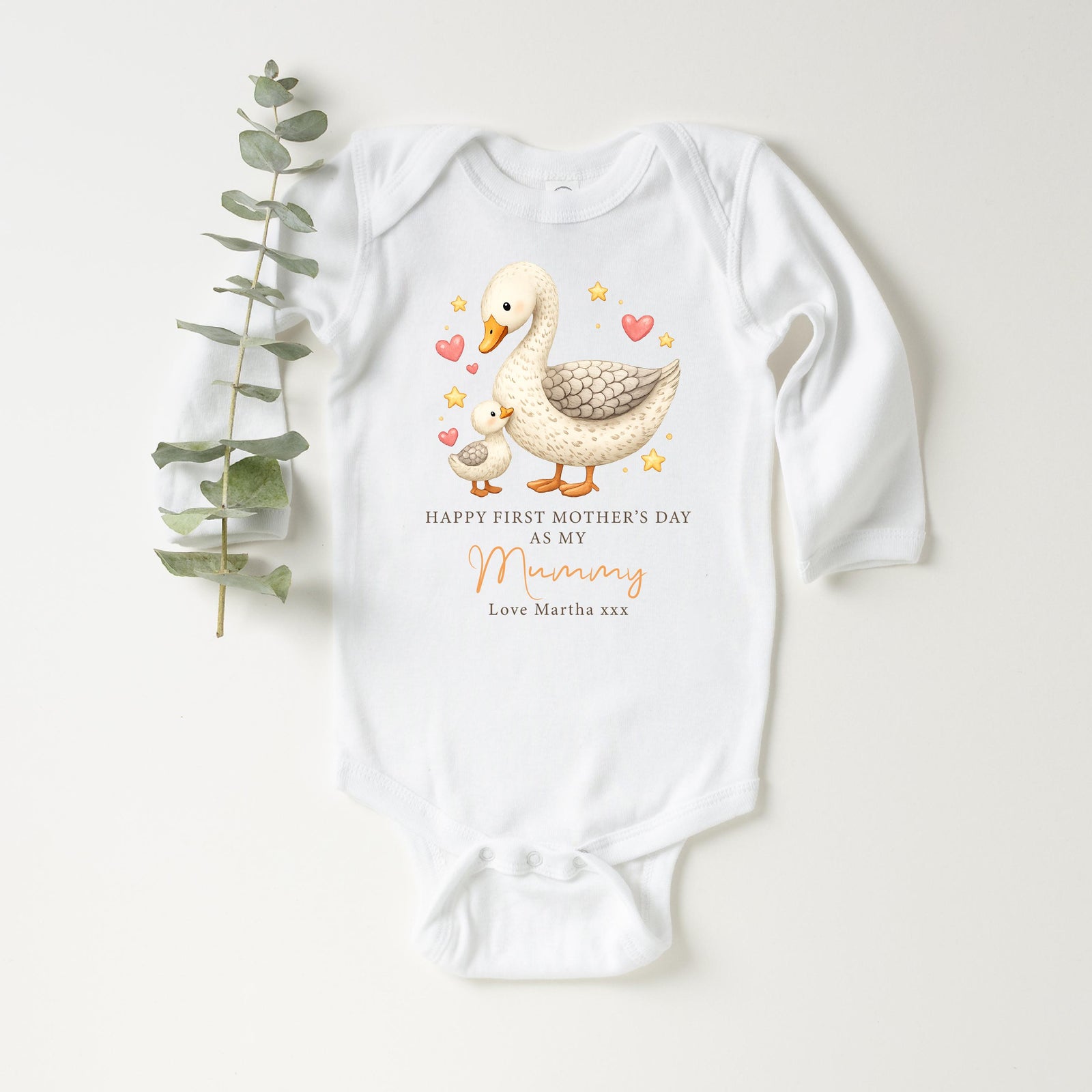 Personalised first Mother’s Day baby bodysuit with goose mum and baby design and custom name gift for new mum