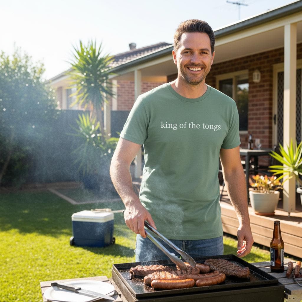 Smiling man cooking sausages on a barbecue in an Australian backyard, wearing a sage green t-shirt with white lowercase serif text reading king of the tongs.
