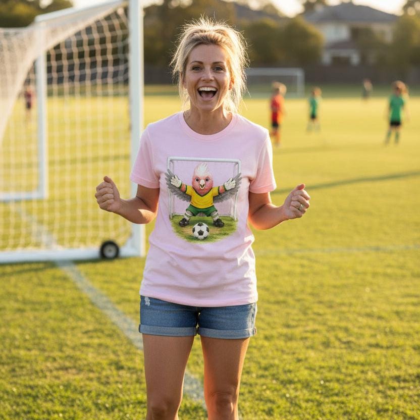 Tilly&amp;Wilbur pink womens tee printed with an illustrated galah goalkeeper in a green and gold soccer kit, worn by a woman on a soccer field.