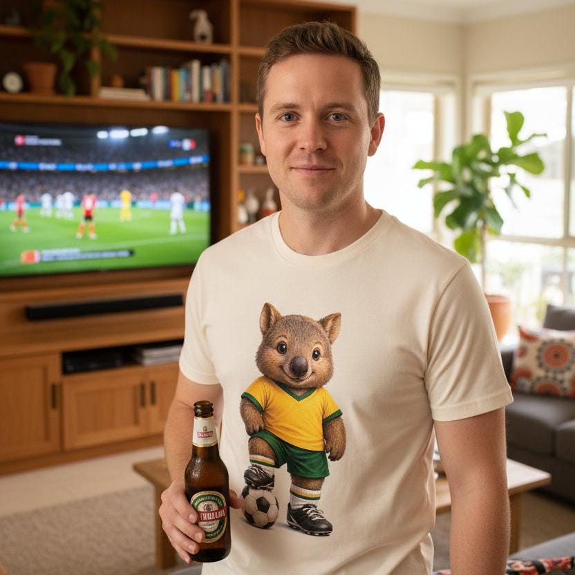 Tilly&Wilbur natural tee printed with an illustrated wombat soccer player in a green and gold kit with a soccer ball, worn by a man holding a beer in his living room watching a soccer game