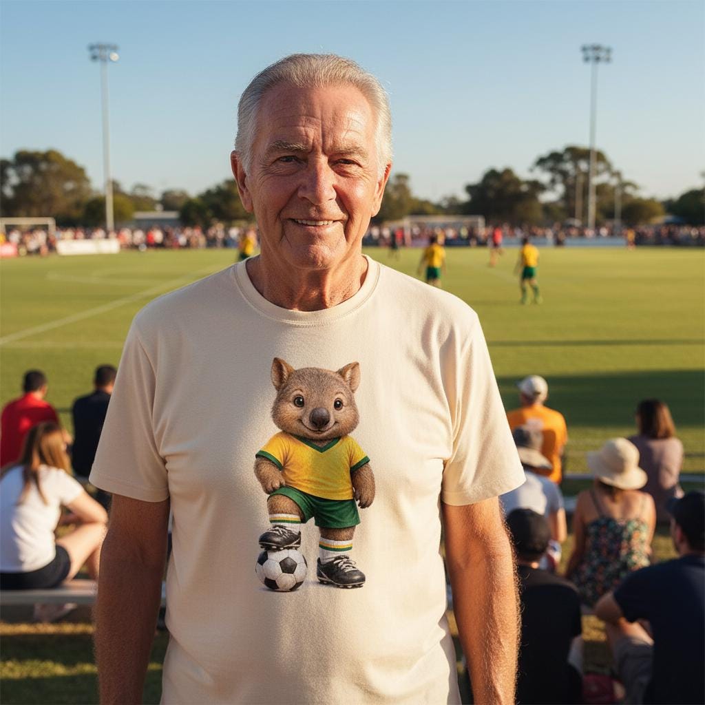 Tilly&Wilbur natural tee printed with an illustrated wombat soccer player in a green and gold kit with a soccer ball, worn by a man at a soccer ground.