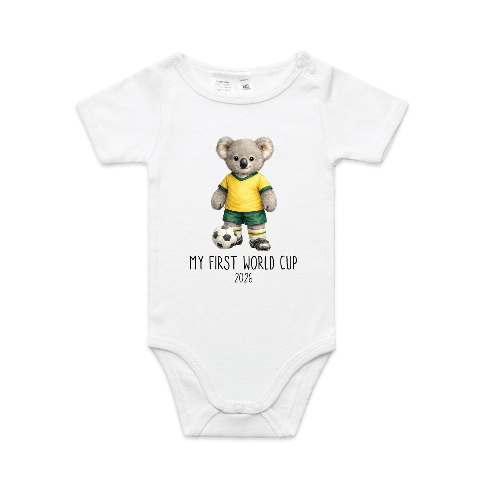 My First World Cup Bodysuit, Koala Soccer Baby Gift, Personalised Green and Gold Milestone Tee