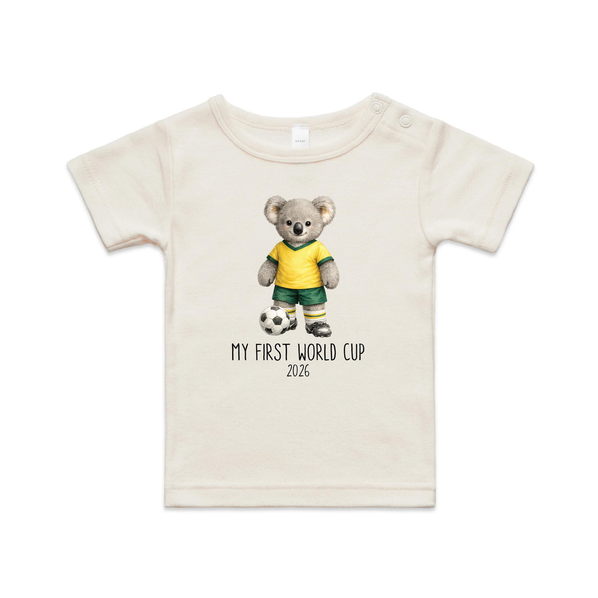My First World Cup Bodysuit, Koala Soccer Baby Gift, Personalised Green and Gold Milestone Tee