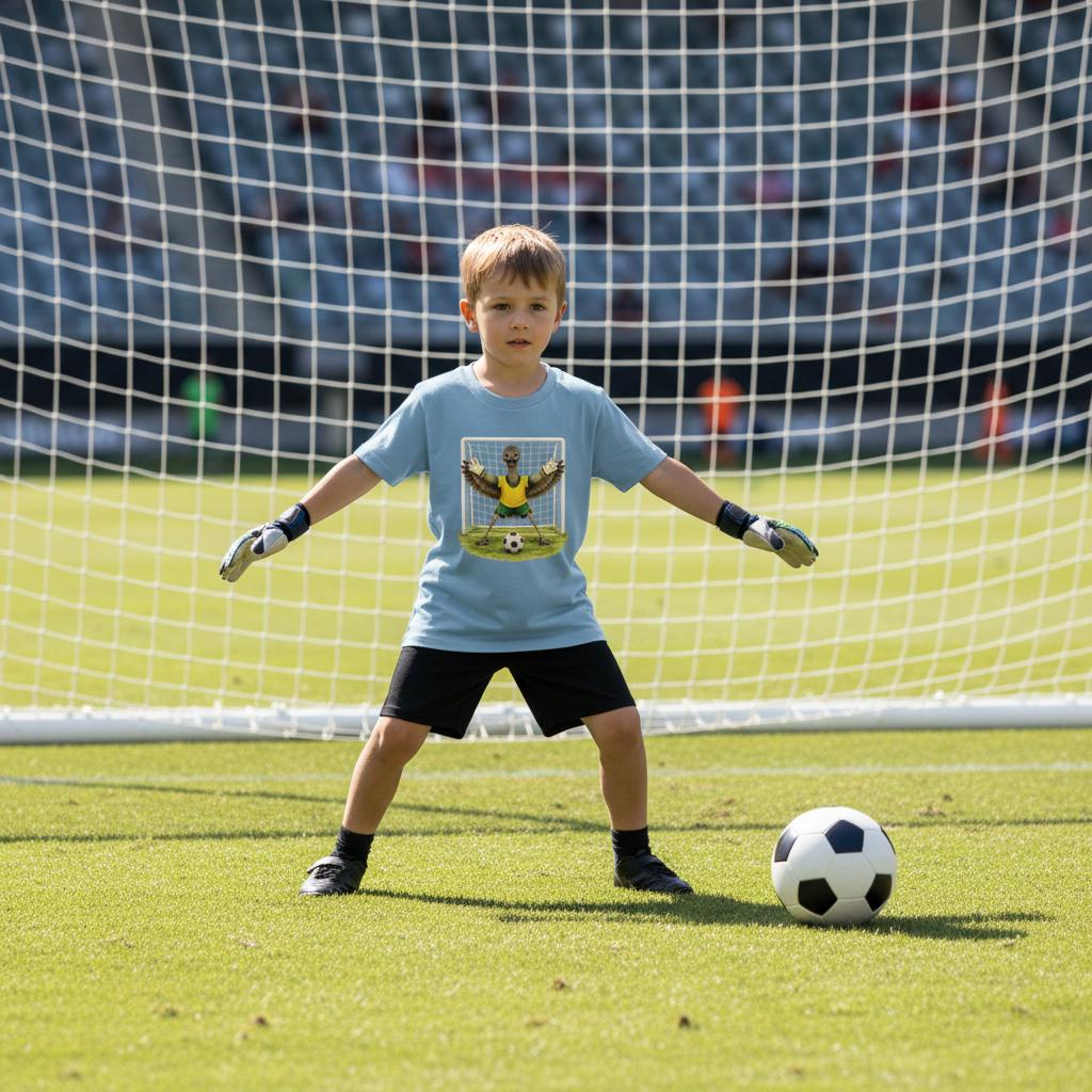 Tilly&Wilbur light blue kids tee printed with an illustrated emu goalkeeper in a green and gold soccer kit, worn by a young boy keeping goal at a stadium.
