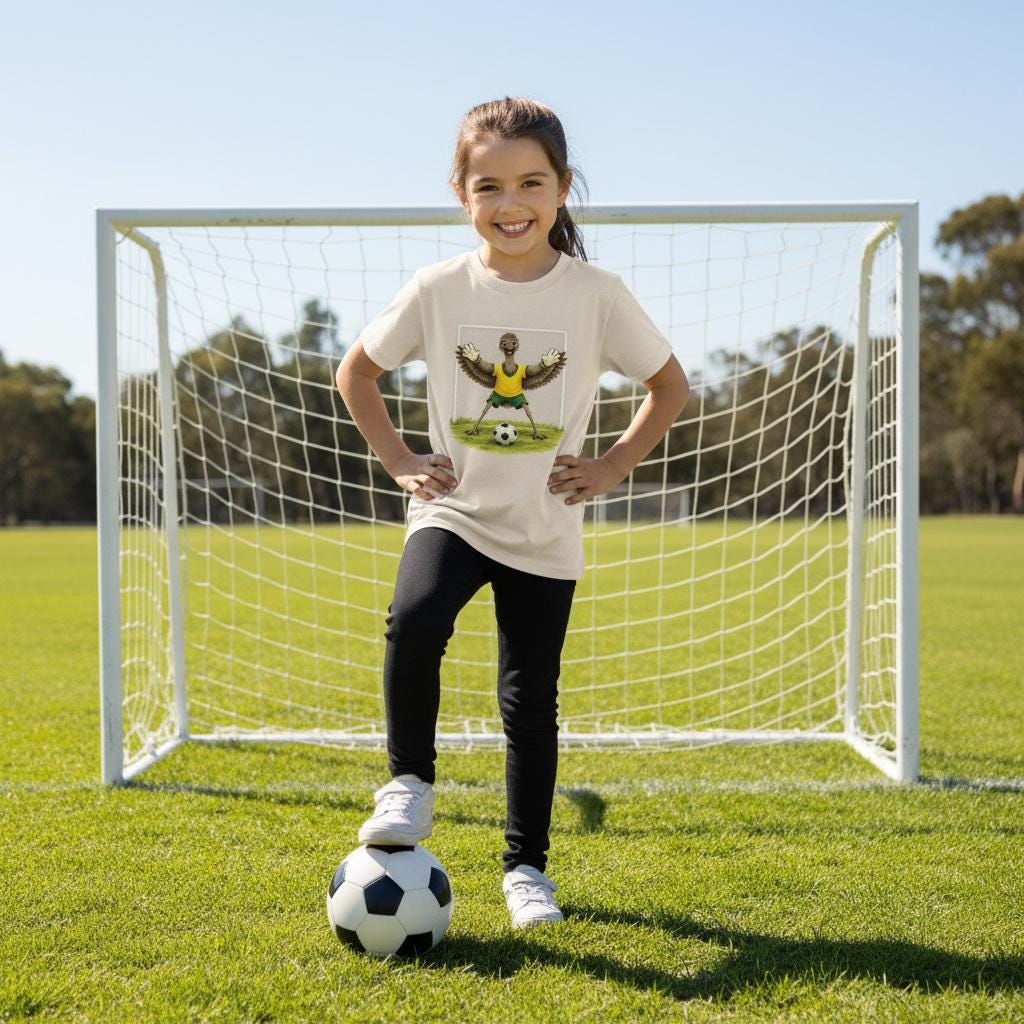 Tilly&Wilbur ecru kids tee printed with an illustrated emu goalkeeper in a green and gold soccer kit, worn by a girl standing in a soccer goal