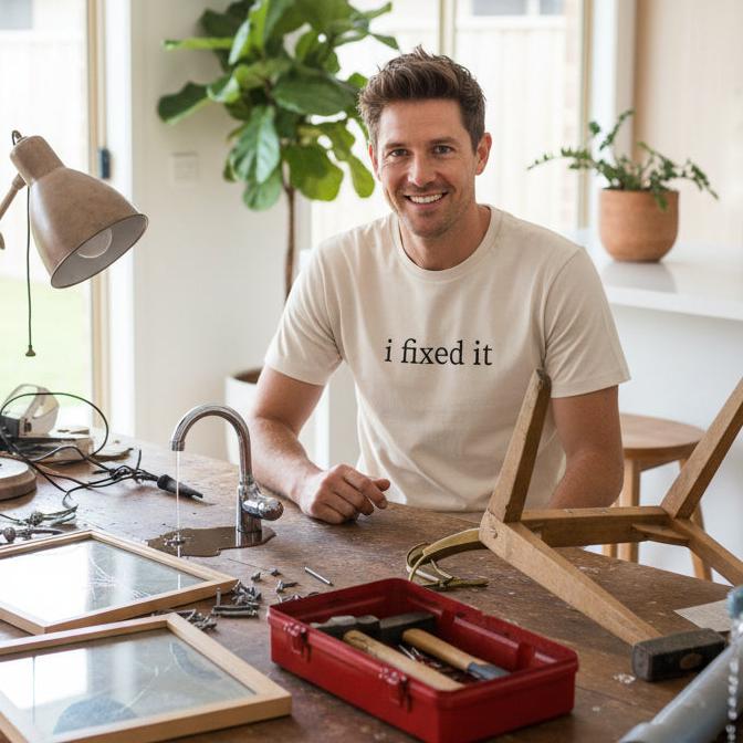 Man at a wooden workbench with tools wearing a cream I Fixed It t-shirt with minimal serif text