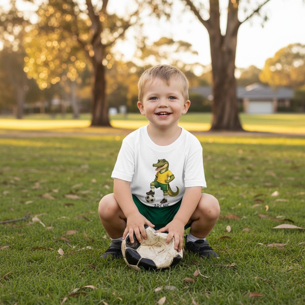 Personalised Soccer Crocodile Shirt Kids, Aussie Football Tee With Name, Soccer Player Top