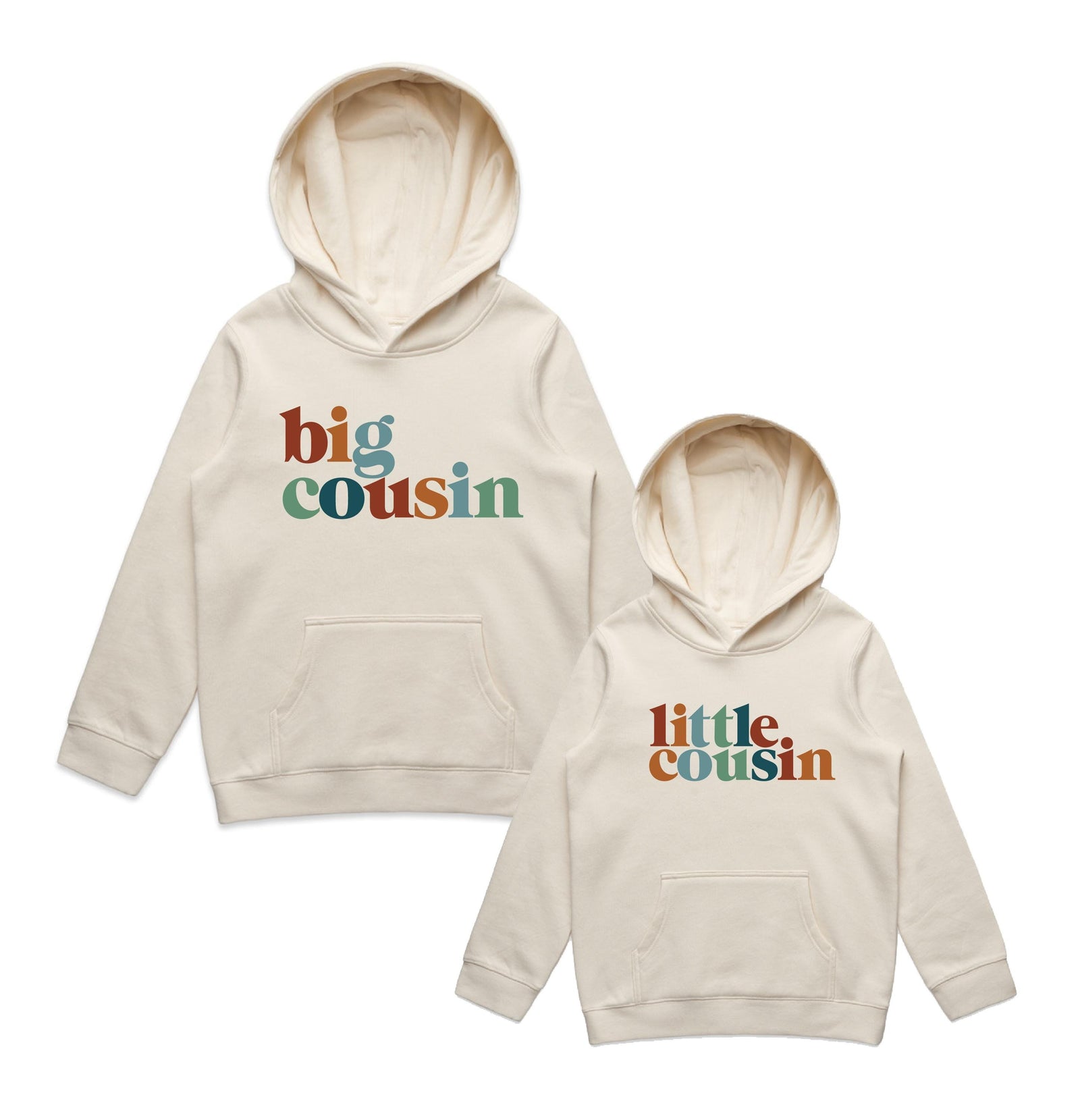 Matching cream hoodies with retro multi-colour lettering reading Big Cousin and Little Cousin flatlay with white background