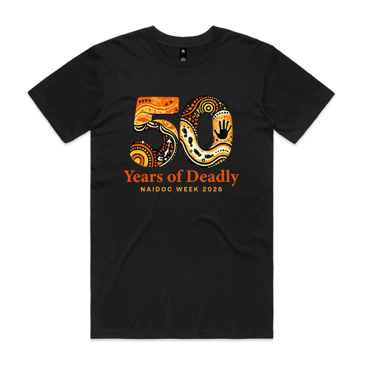 Black t-shirt with orange and yellow 50 design featuring storytelling motifs and 50 Years of Deadly NAIDOC Week 2026 text