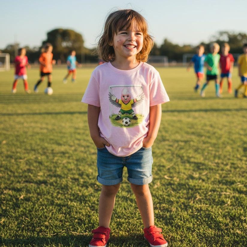 Tilly&Wilbur pink kids tee printed with an illustrated galah goalkeeper in a green and gold soccer kit, worn by a child on a soccer field.