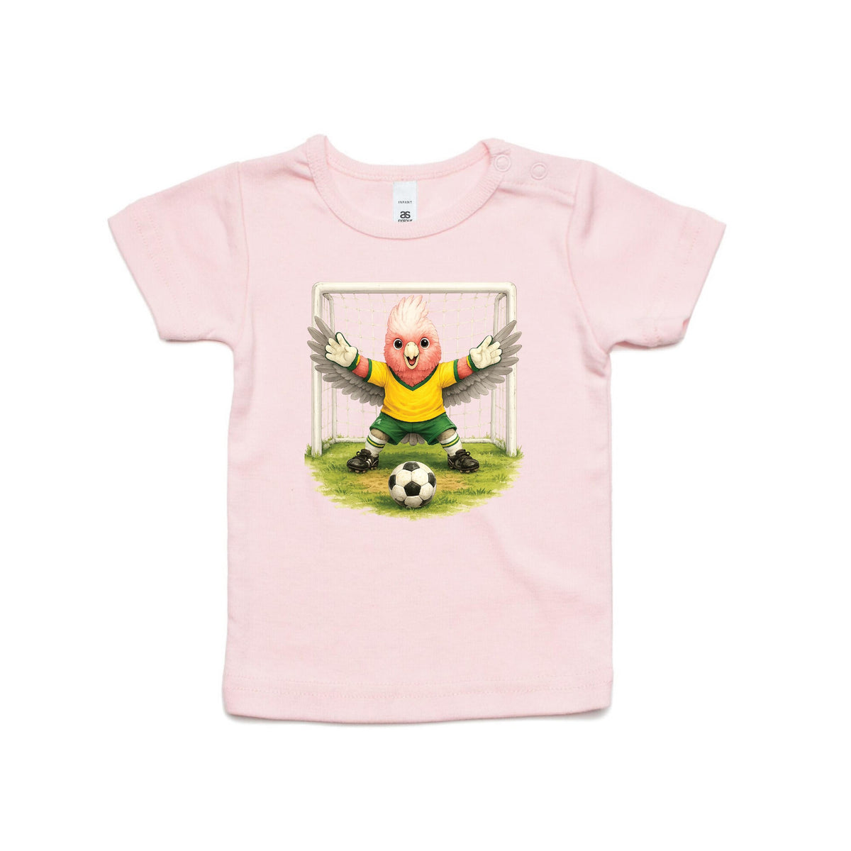 Tilly&Wilbur pink infant tee printed with an illustrated galah goalkeeper in a green and gold soccer kit